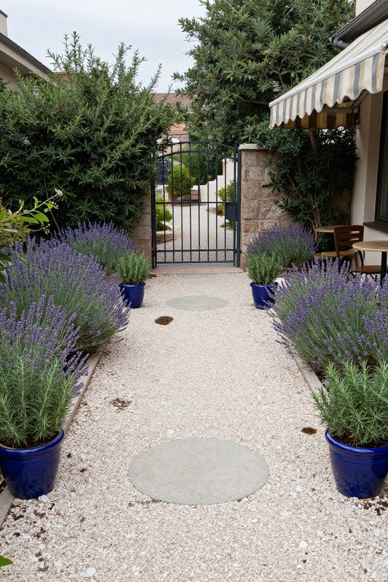 Gravel garden path lined on both sides with lavender plants in blue pots, featuring circular stone pavers and leading to a black iron gate flanked by shrubs and trees.