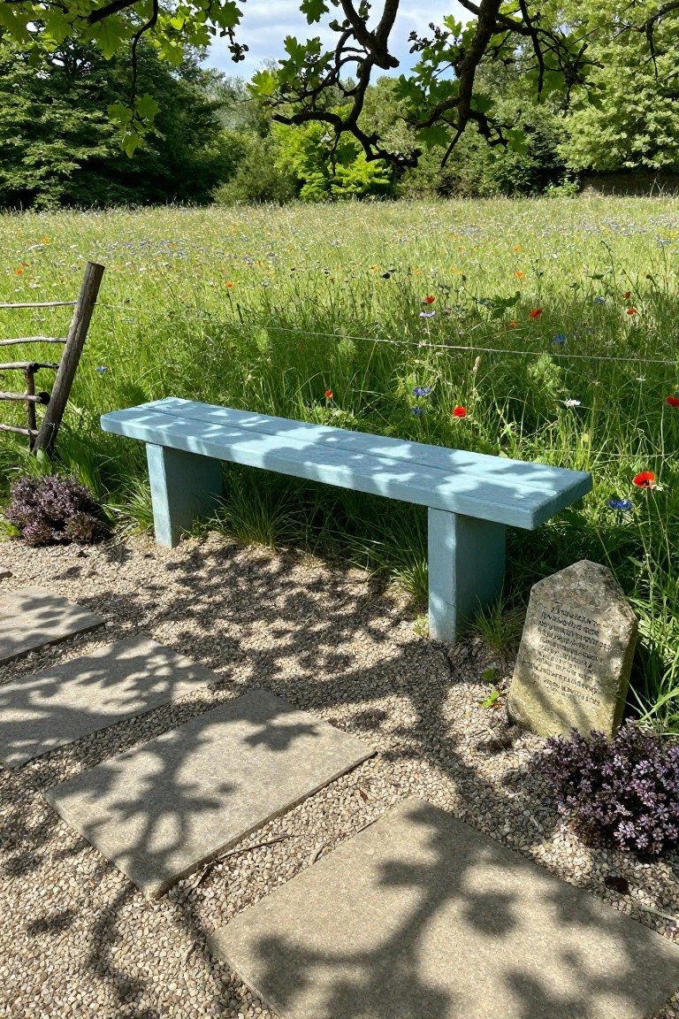 A turquoise bench positioned beside a gravel and stone path edged by wildflowers, with a wooden fence post, purple shrubs, and a inscribed stone plaque nearby under tree shade.