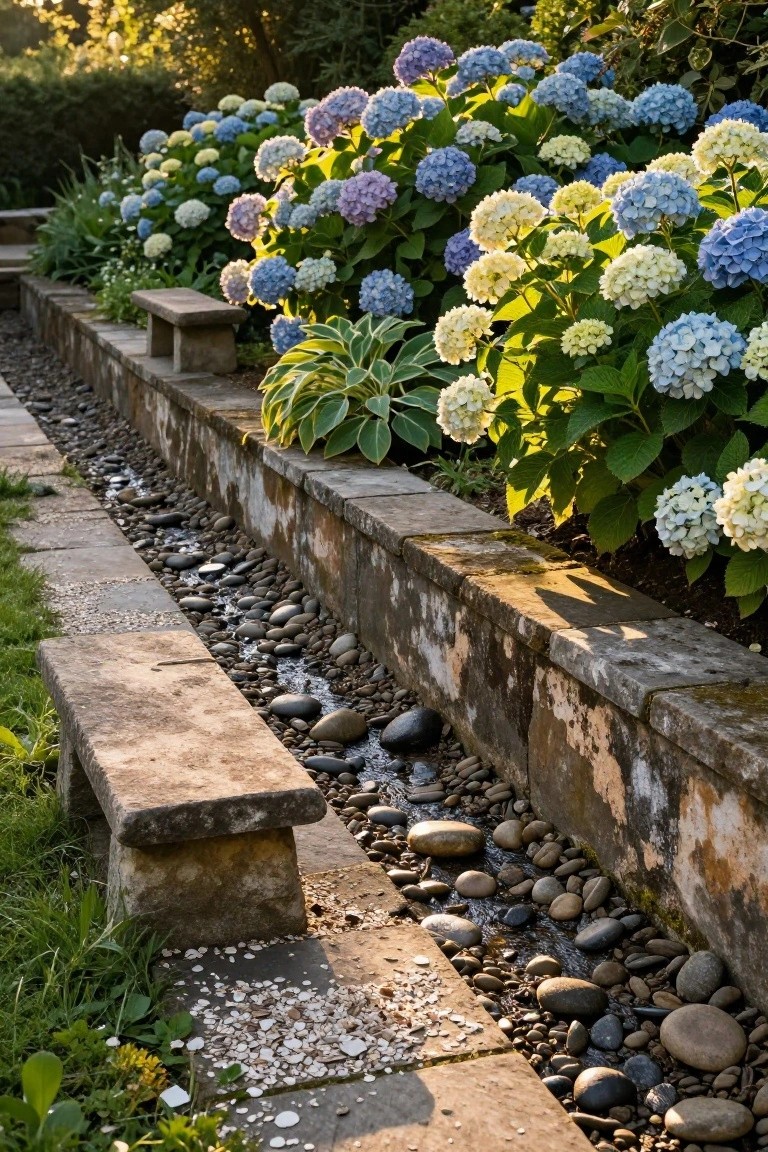 Stone retaining wall bordering a narrow garden path filled with smooth pebbles and a shallow trickling stream, lined with blooming blue, lavender, and white hydrangeas, hostas, and a wooden bench nearby.