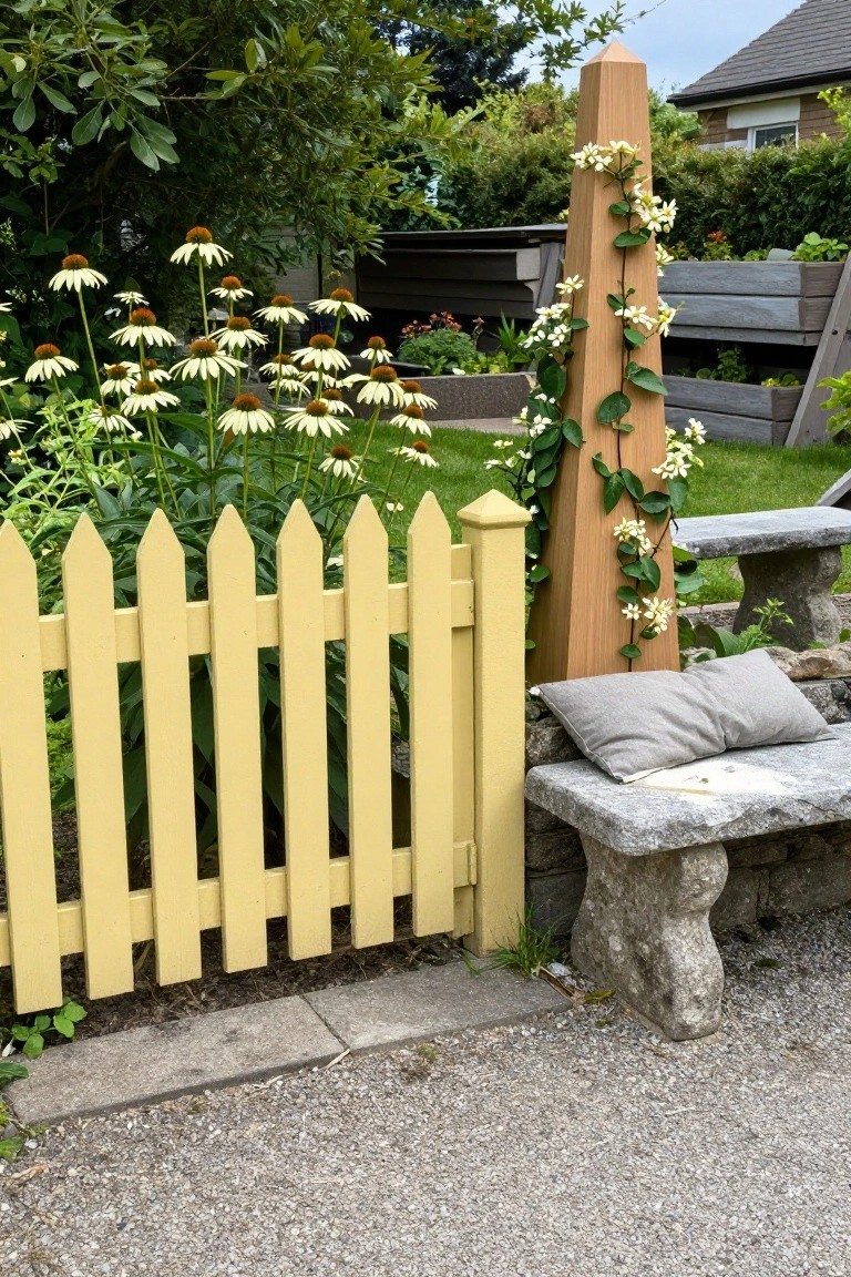Yellow picket fence beside a gravel path in a garden with white coneflowers, green foliage, climbing white flowers on a tall wooden post, and a stone bench with gray pillow and paper.