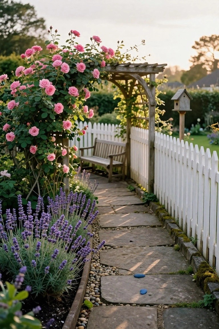 Stone garden path edged with lavender plants and pebbles alongside a white picket fence, passing under a wooden pergola covered in pink climbing roses with a bench beneath and birdhouse on a post.