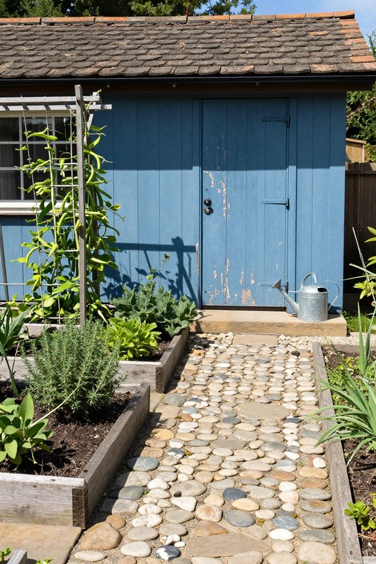 Blue wooden garden shed with a closed door and number 3, surrounded by raised beds containing green plants and vegetables on a trellis, with a watering can nearby and a path of rounded pebbles leading to the entrance.