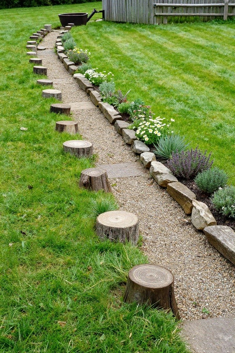 Garden path of circular log slices embedded in grass next to a gravel walkway bordered by stacked stones and planted with herbs and flowers, beside a mown lawn and wooden fence.