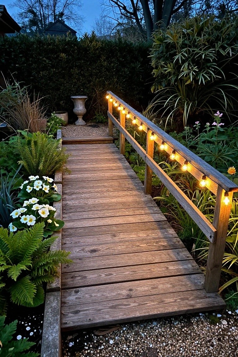Wooden footbridge path in a lush garden at dusk, with string lights along the railing, surrounded by ferns, primroses, grasses, and gravel edging.