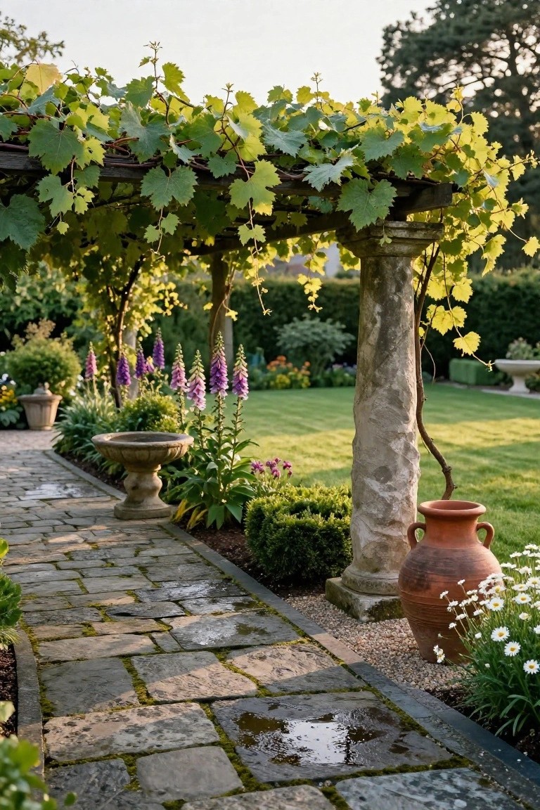 Stone Garden Path Under Vine Arbor
