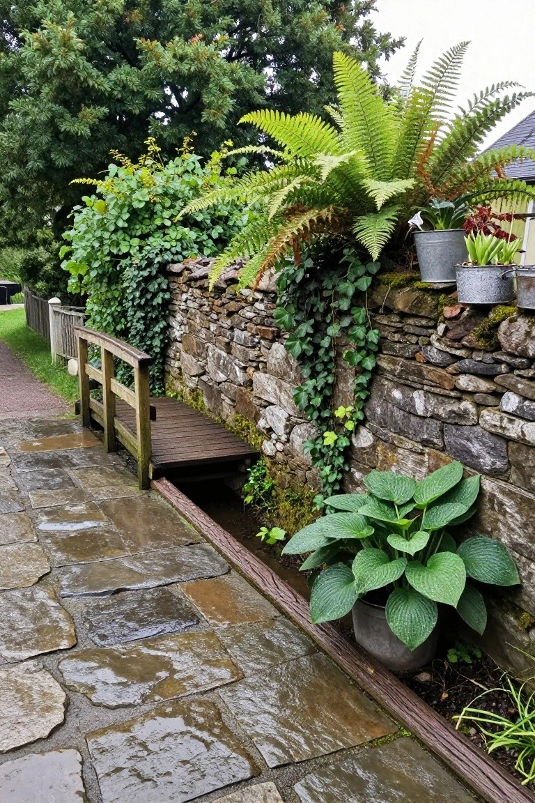 Stone slab path beside an ivy-covered wall leading to a wooden footbridge over a narrow waterway, with ferns, hostas, and potted plants along the edges on a damp day.