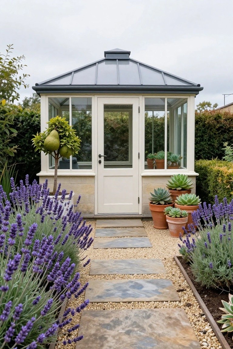 A gravel garden path with irregular gray stone slabs leading to a white-framed glass pavilion, bordered by blooming lavender plants and flanked by potted succulents and shrubs.