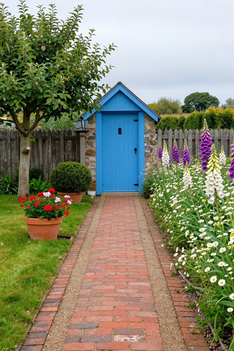 Red brick pathway with gravel edging leads past potted red geraniums and through flower beds of purple foxgloves and white daisies to a blue wooden door on a stone and wood shed next to a wooden fence and apple tree.