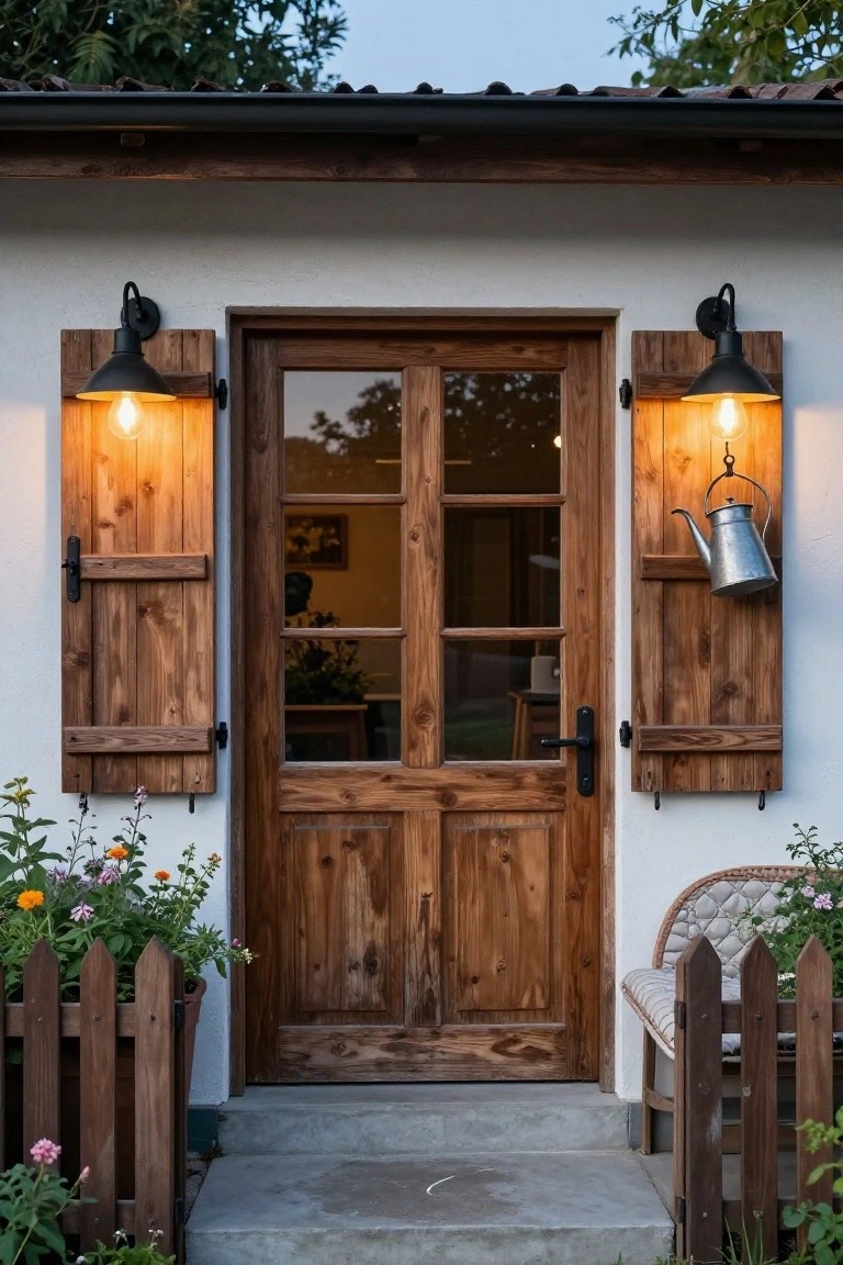 White stucco cottage wall with dark wooden double doors flanked by wooden shutters each holding a black wall-mounted sconce with warm lit bulb, a hanging metal teapot on one shutter, potted flowers, small bench, and picket fence edging plants.