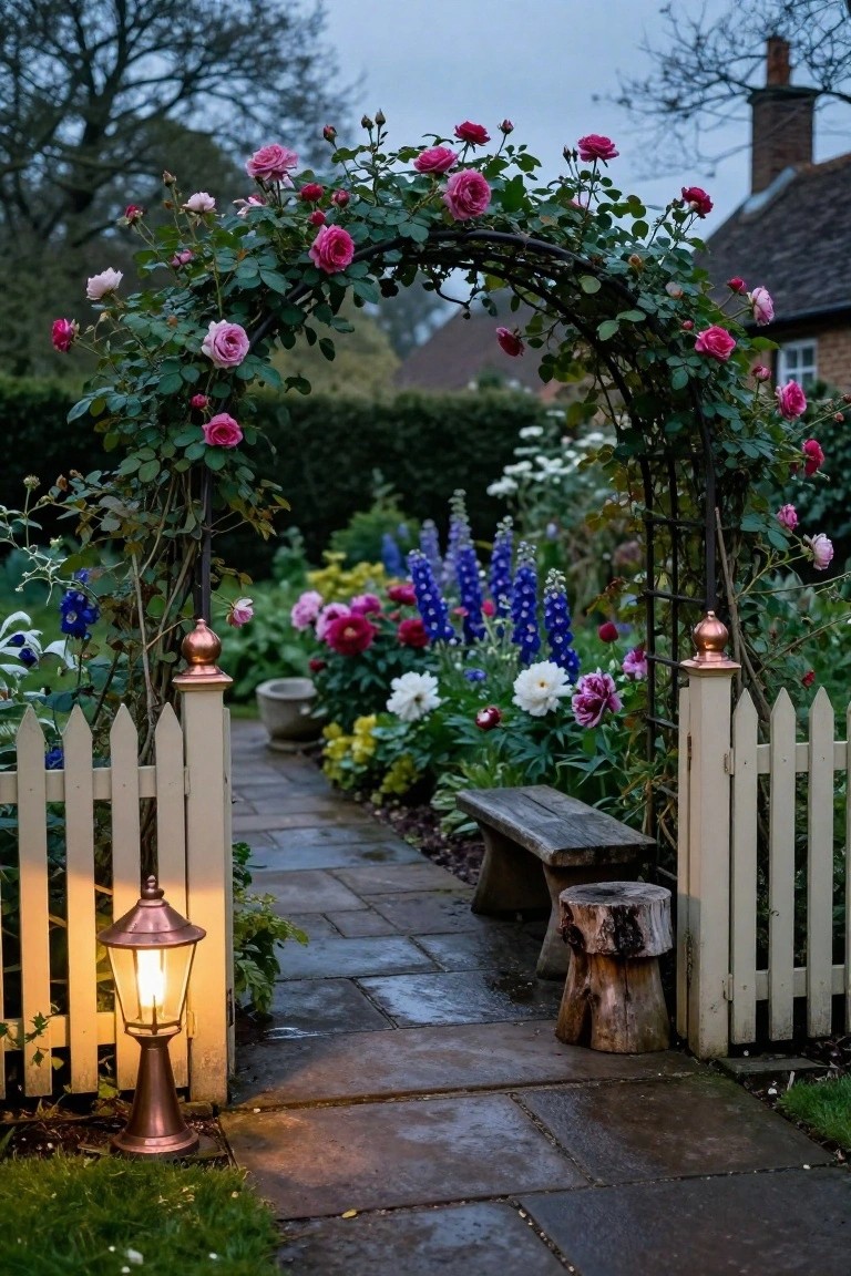 Copper post lantern glowing beside a white picket fence gate on a stone path leading through a flower garden with rose-covered arch and cottage house in background at dusk.