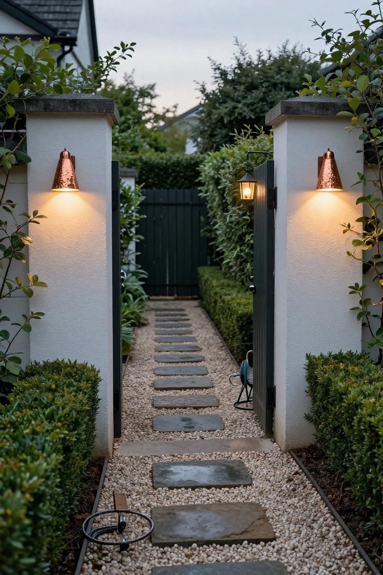 White stuccoed pillars with copper cone sconces illuminate a dark wooden gate and stepping stone pathway bordered by hedges and gravel in a garden entrance at dusk.