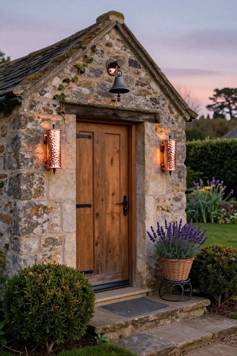 Stone cottage exterior with wooden door flanked by two hammered copper wall sconces, a hanging bell lantern above, ivy on walls, potted lavender plant to the side, boxwood shrubs nearby, and soft evening light.