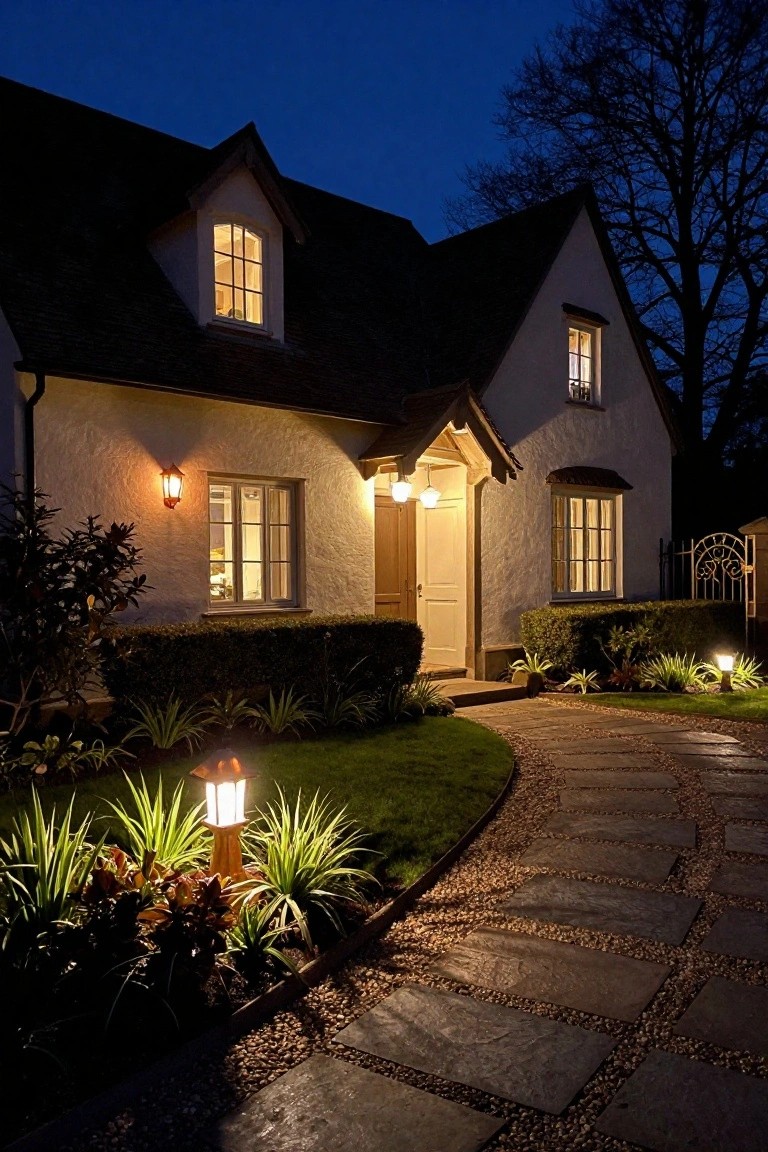 Stucco cottage house exterior at night with dark roof, lit windows, wall sconce, hanging lights over wood door, curved stone path lined with post lanterns, and landscaped garden beds with path lights.