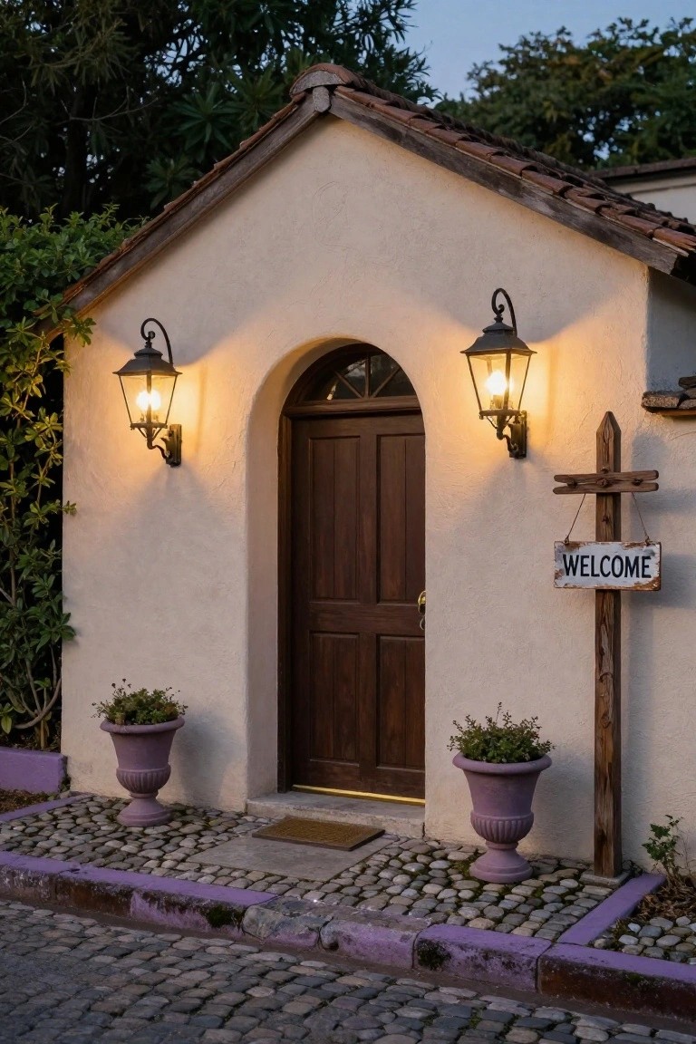 Beige stucco cottage entrance with arched wooden door flanked by two black metal lantern sconces emitting warm light, purple urn planters on each side, wooden welcome sign on cross post, pebble path with purple edging at dusk.
