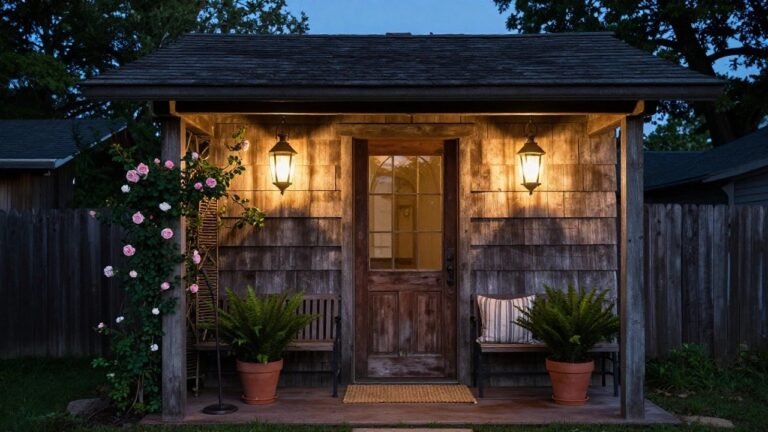 Shingled cottage exterior at dusk with wooden front door flanked by two glowing lantern sconces, wooden bench with cushion, potted ferns, welcome mat, and rose trellis on the porch.