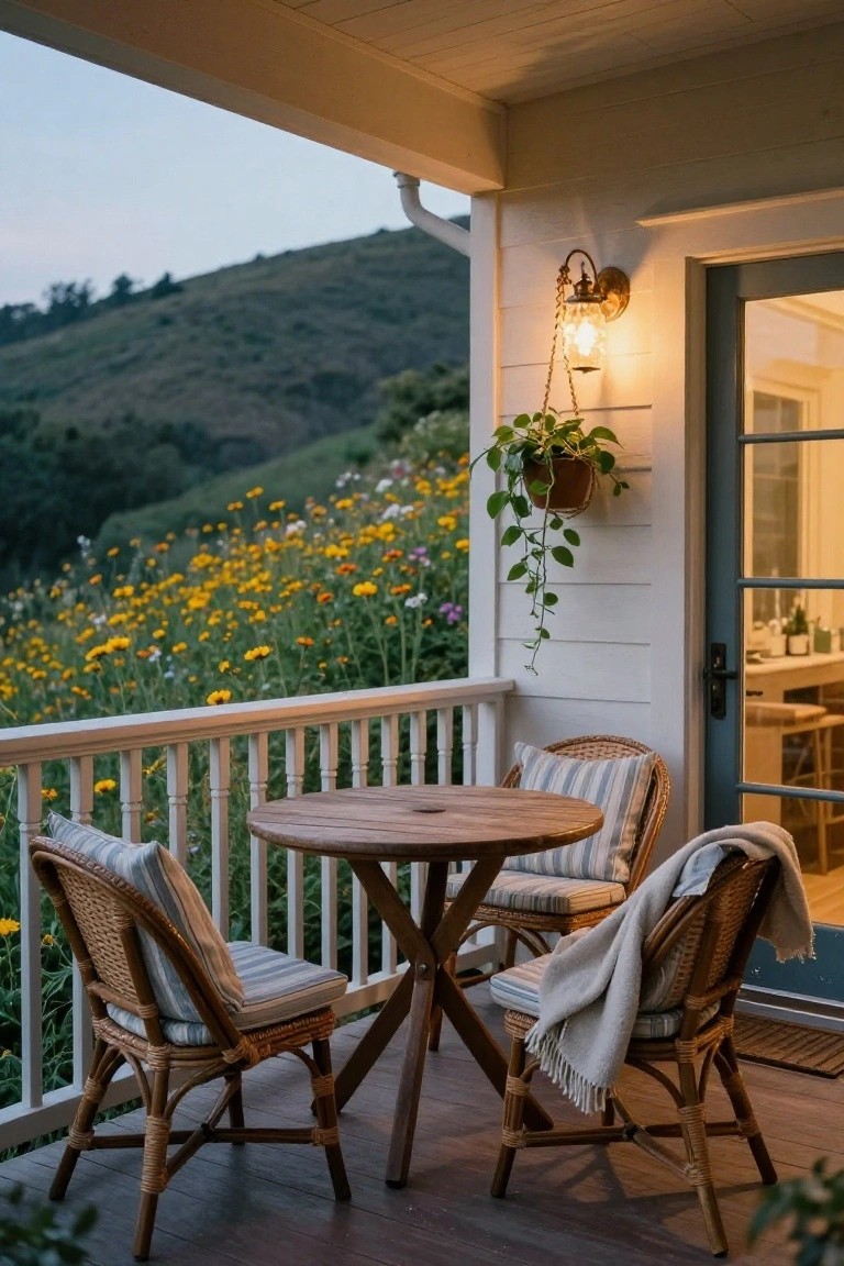 Wooden deck porch with round wooden table, four wicker chairs with striped cushions and a throw blanket, lit by hanging lantern sconce next to glass door on white shiplap wall, overlooking hillside with yellow wildflowers at dusk.