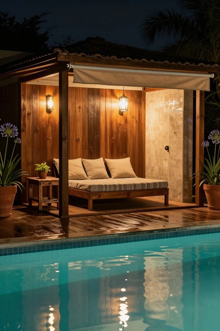 Wooden open-air cabana with beige cushions on a daybed, wall lanterns and sconces providing warm light, potted plants nearby, beside a lit swimming pool at night.