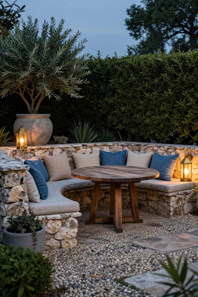 Curved stone wall bench with beige and blue cushions around a round wooden table in a gravel patio, lit by brass lanterns and sconces, surrounded by potted plants, olive tree, and hedges at dusk.