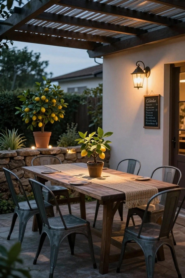 Outdoor patio dining area under a pergola with a wooden table, metal chairs, potted lemon trees, stone retaining wall, wall-mounted black lantern sconce beside a door with chalkboard, and warm evening lighting.