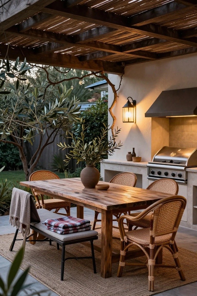 Covered outdoor patio with wooden dining table, rattan chairs, bench, built-in grill, wall-mounted lantern sconce, olive trees, and garden in background.