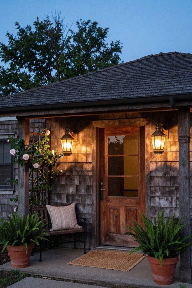 Shingled cottage exterior at dusk with wooden front door flanked by two glowing lantern sconces, wooden bench with cushion, potted ferns, welcome mat, and rose trellis on the porch.