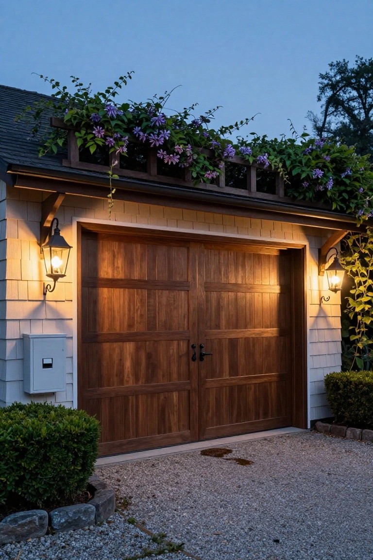 Wooden double garage door on a shingled house exterior flanked by black lantern sconces, purple clematis vines overhead, boxwood shrubs to the side, and gravel driveway at dusk.