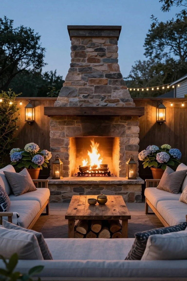 Stone outdoor fireplace on a patio surrounded by L-shaped beige outdoor sofas, a wooden coffee table, potted blue hydrangeas, wall lanterns, hanging lanterns, and string lights at dusk.