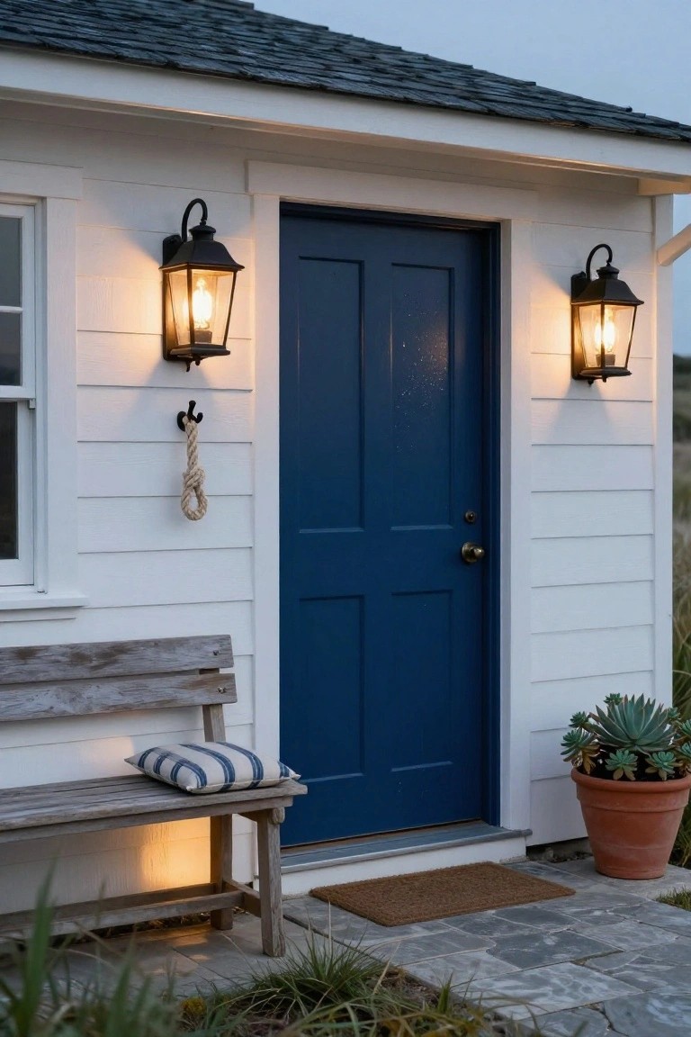 White shiplap cottage exterior featuring a blue paneled front door flanked by two black lanterns, a rope hanging from a hook, a wooden bench with cushion, potted succulent, and slate steps at dusk.