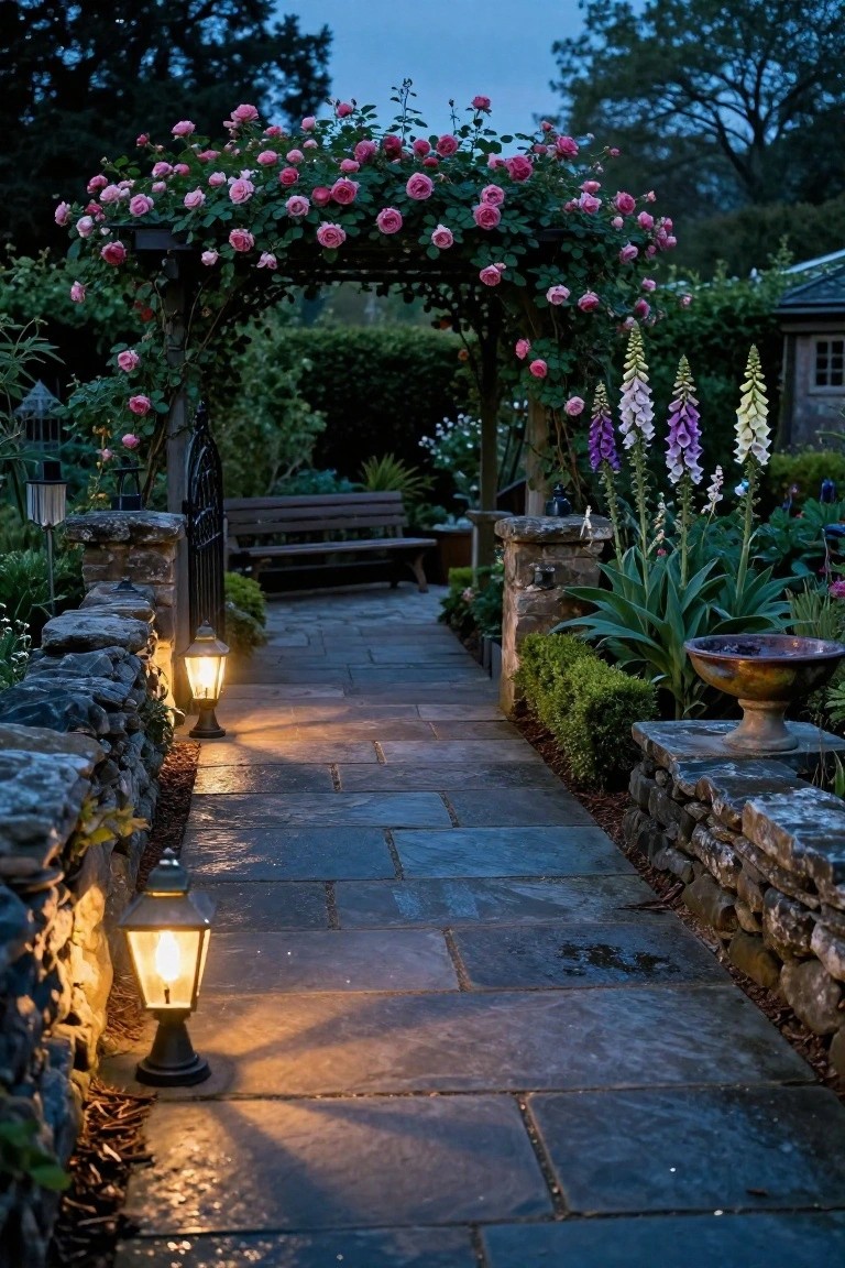 Stone pathway flanked by stone walls and gardens, lit by two lanterns, leading under a pink rose-covered wooden archway with foxglove plants nearby at dusk.