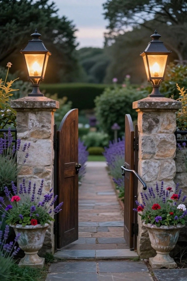 Open wooden garden gate between two stone pillars topped with lit black lanterns, flanked by lavender plants and terracotta pots of flowers, with a stone pathway leading into a landscaped garden at dusk.