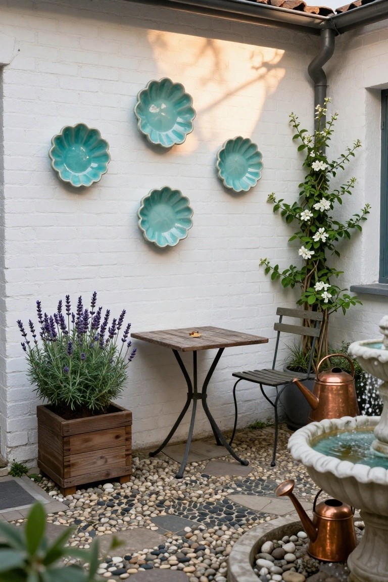 Small outdoor courtyard with white brick walls hung with four turquoise scalloped bowls, wooden table and single metal chair, potted lavender in wooden box, climbing jasmine vine, and stone fountain with copper pots and watering can on pebble and stone floor.