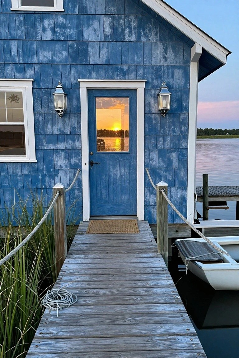 Blue shingled cottage with white trim around door and windows, flanked by two lantern wall lights, approached by wooden walkway with rope railings leading to dock and boat on calm water at sunset.