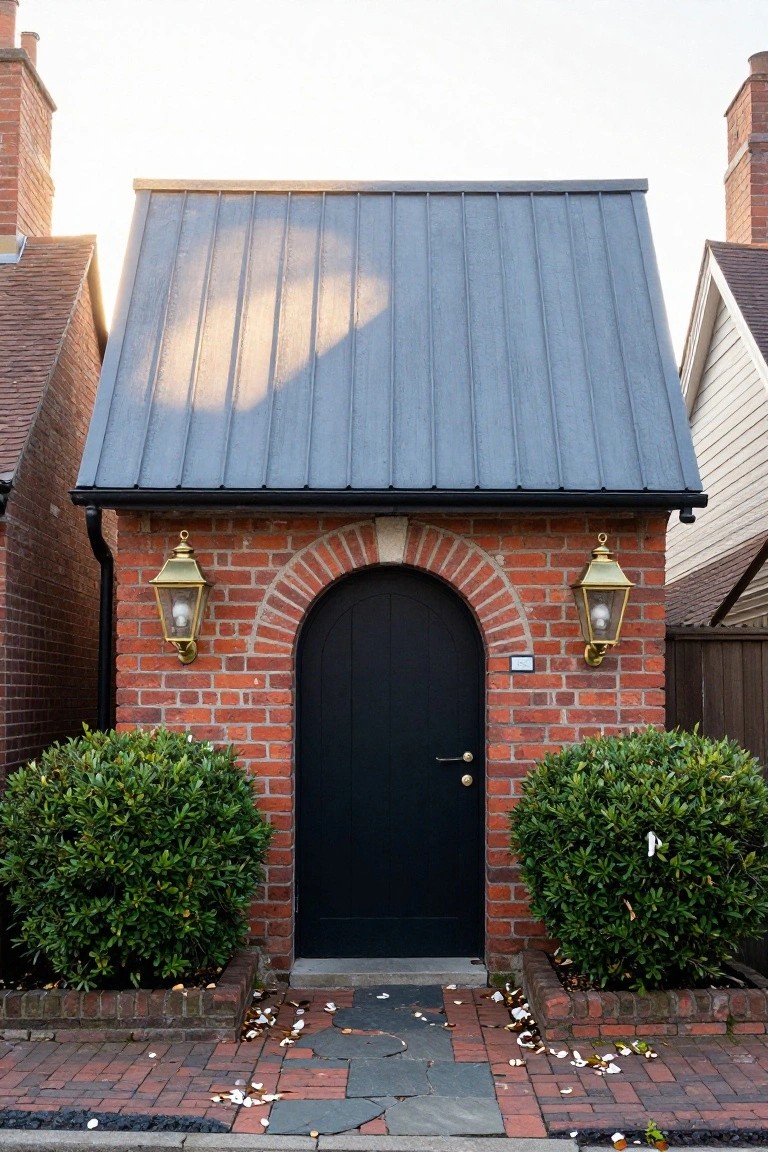 Red brick outbuilding with arched black wooden door, flanked by brass lanterns and boxwood shrubs, topped by a gray metal roof, on a brick path with scattered leaves.