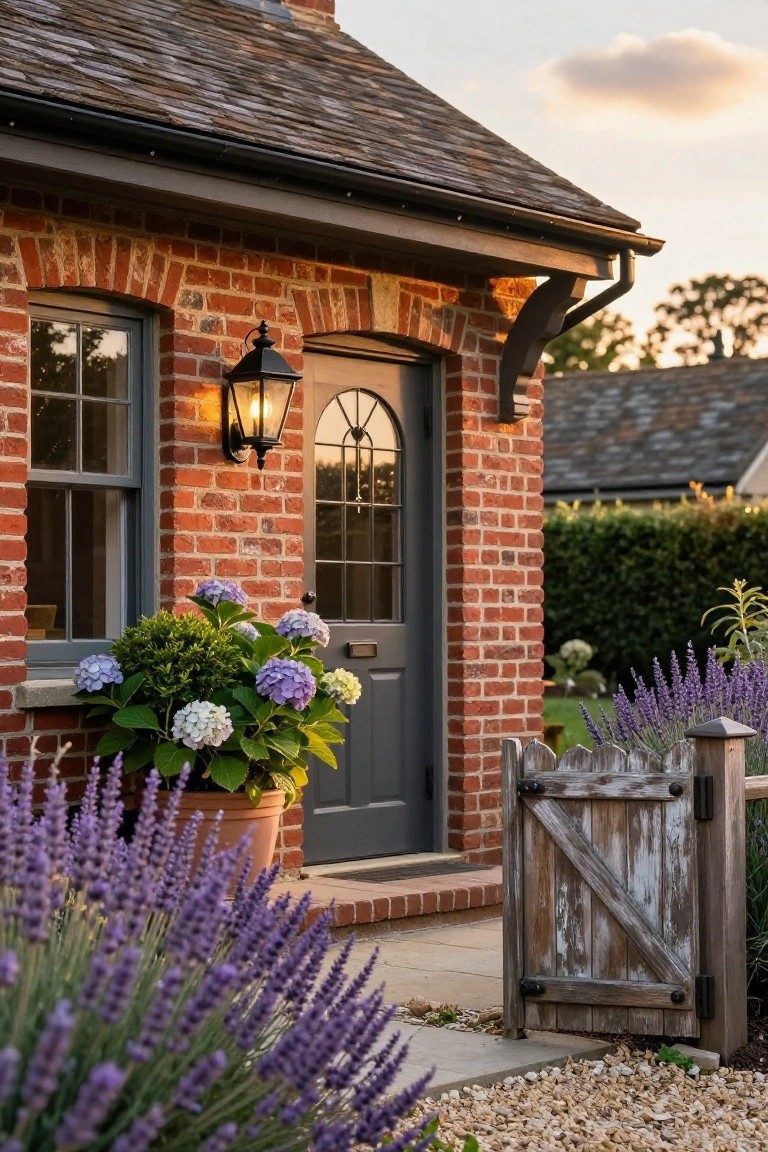 Red brick cottage exterior featuring a gray arched door with lantern light, potted blue hydrangeas, lavender plants, and a weathered wooden gate beside a stone path at sunset.