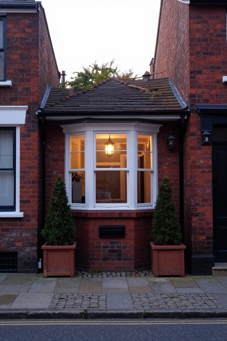 Bay Windows with Matching Topiary Pots