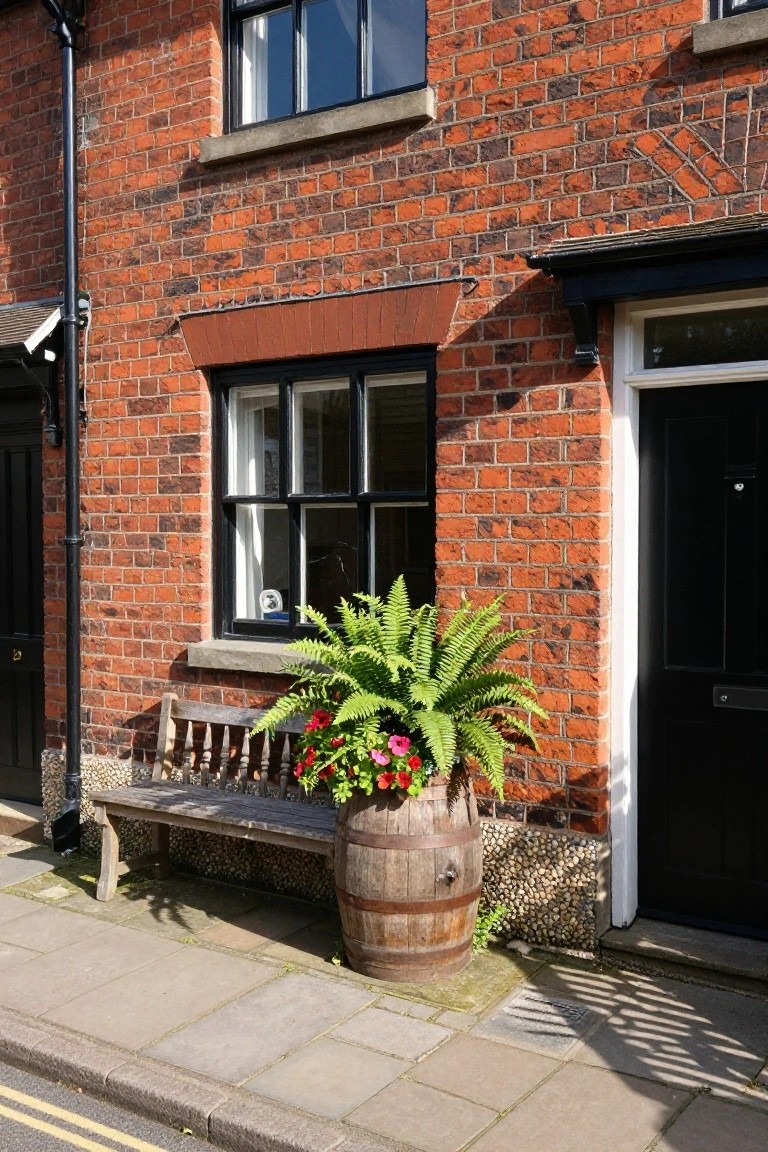 Red brick terraced cottage exterior featuring a black front door, multi-pane windows, wooden bench on pavement, and large wooden barrel planter with ferns and pink flowers beside the entrance.