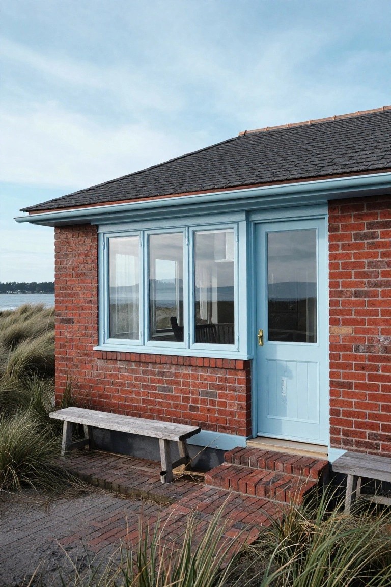 Red brick cottage exterior with light blue door, matching window frames, brick steps, wooden benches, dune grass, and distant sea view.