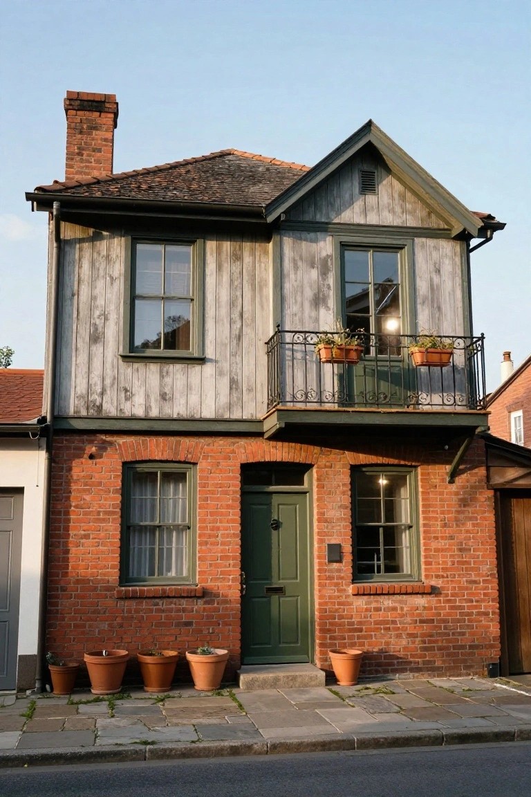 Narrow two-story house with red brick lower level and green front door, gray weathered wood cladding on upper story, small metal balcony with planters, terracotta pots by entrance, on a stone path beside a street.