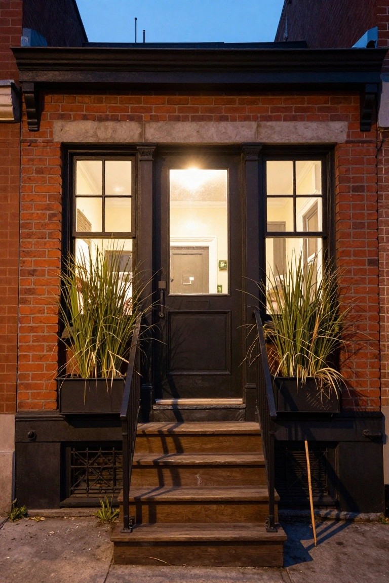 Red brick townhouse exterior at dusk showing wooden steps leading to a black door flanked by black-framed windows, with tall grasses in black pots on either side of the steps.