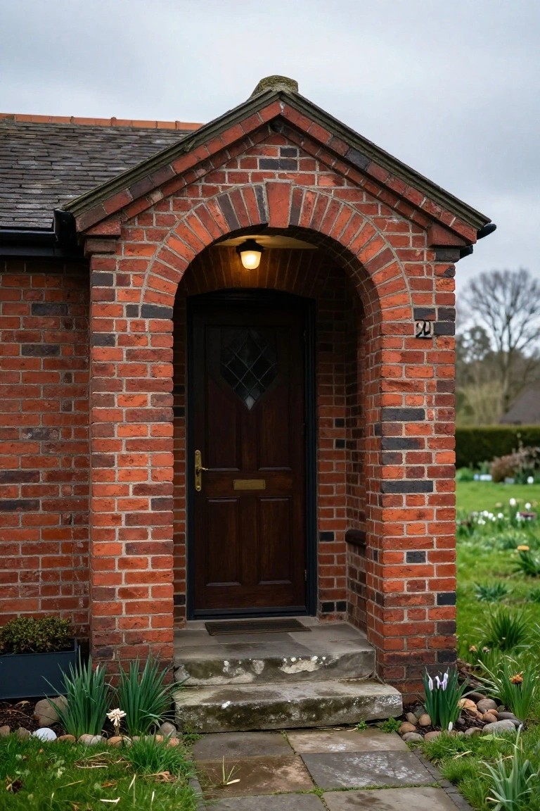 Red brick cottage porch with an arched entryway, wooden door with glass panel, brass knocker and letterbox, lantern light, house number 21, stone steps, and garden plants.