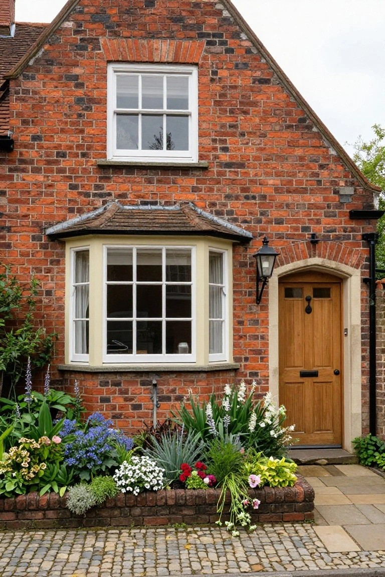 Red brick cottage exterior with gabled roof, white sash window above, curved bay window, arched oak front door with knocker and letterbox, black lantern light, downpipe, and colorful flower beds bordering a cobblestone path.