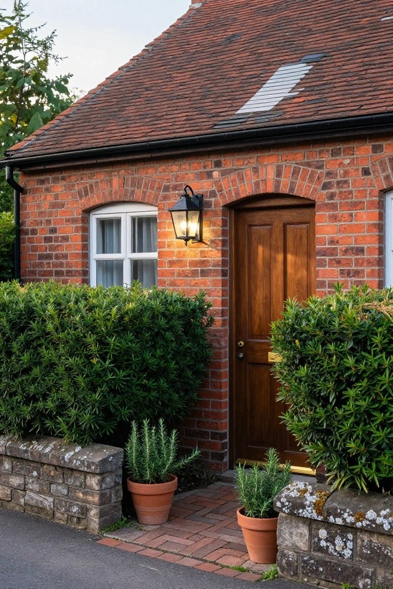 Red brick cottage exterior with arched wooden front door, black lantern light, white window, flanking boxwood hedges, and terracotta pots of rosemary on a stone wall beside a brick path.