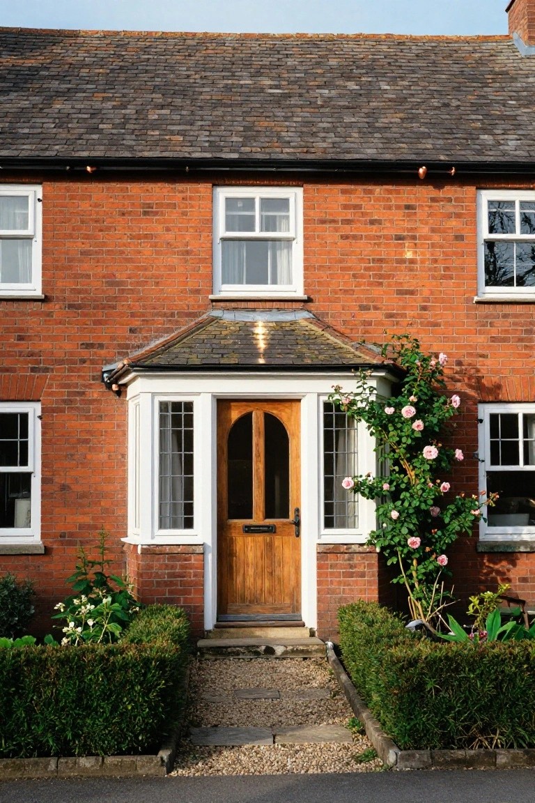 Red brick cottage exterior featuring a wooden arched double front door under a small gabled porch with white trim, flanked by climbing pink roses and boxwood hedges along a gravel path.