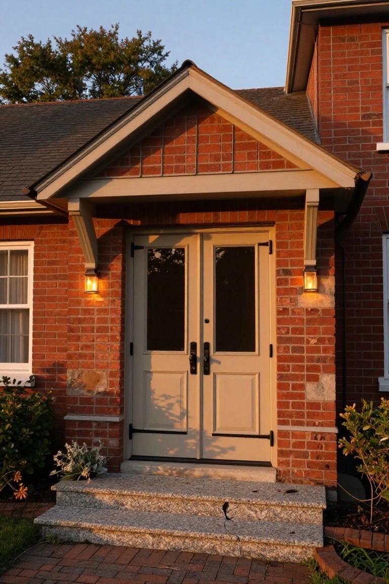 Red brick house front with beige double doors under a gabled wooden porch supported by brick, flanked by lanterns, granite steps, and low shrubs.