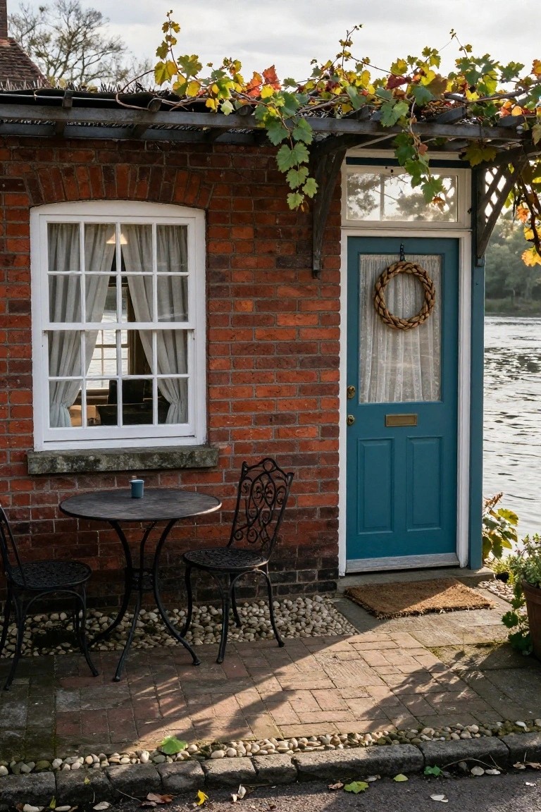 Red brick cottage exterior featuring a teal front door with wreath and lace curtain, white multipaned window, small round metal table with two wrought iron chairs on gravel patio, vine-covered pergola, next to a river.