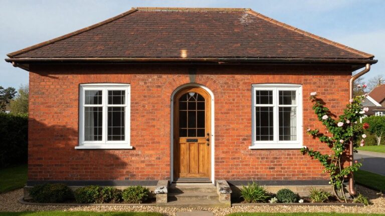 19 Cottage Exterior Red Brick Inspirations That Stand the Test of Time Red brick cottage exterior featuring a wooden arched double front door under a small gabled porch with white trim, flanked by climbing pink roses and boxwood hedges along a gravel path.
