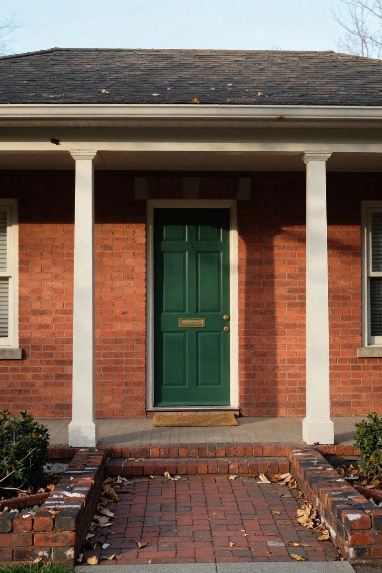 Green Front Door on Brick Cottage