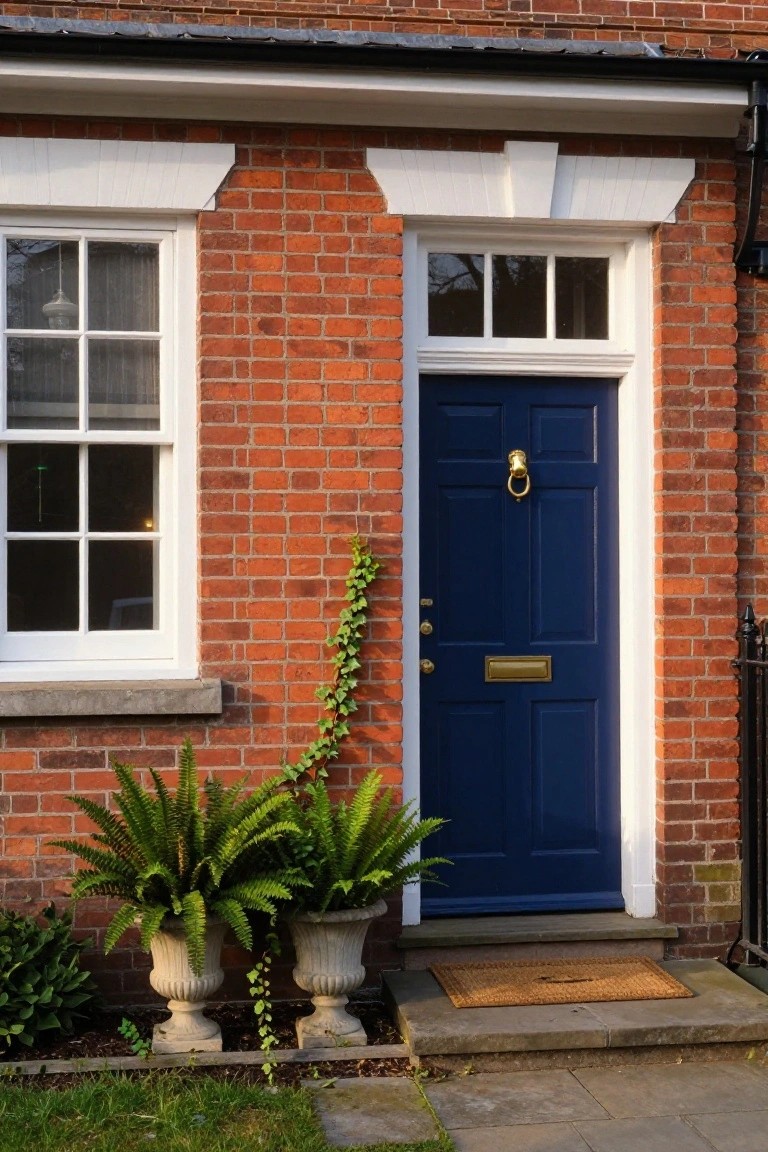 Red brick house exterior with a navy blue paneled front door featuring a gold knocker and letterbox, white-framed window to the side, ivy climbing the wall, and two large potted ferns flanking the entry steps.