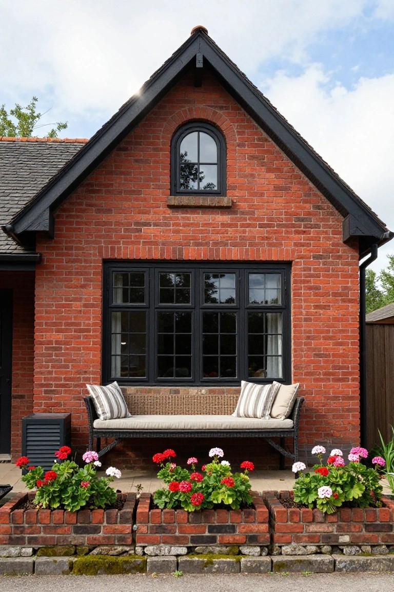 Red brick cottage exterior featuring a gabled roof with dark shingles, black-framed windows including a large multi-pane window and a small arched window, a wicker bench with cushions below the window, and three brick planters filled with pink and red geraniums along the front.