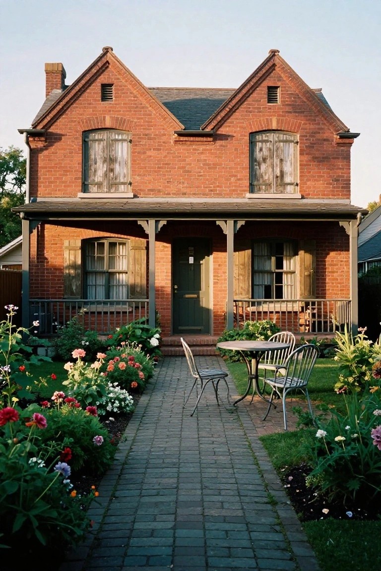 Red brick cottage house with gabled roof, covered front porch, green entry door, brick pathway lined with colorful flowers, and a small metal table with chairs in the foreground.
